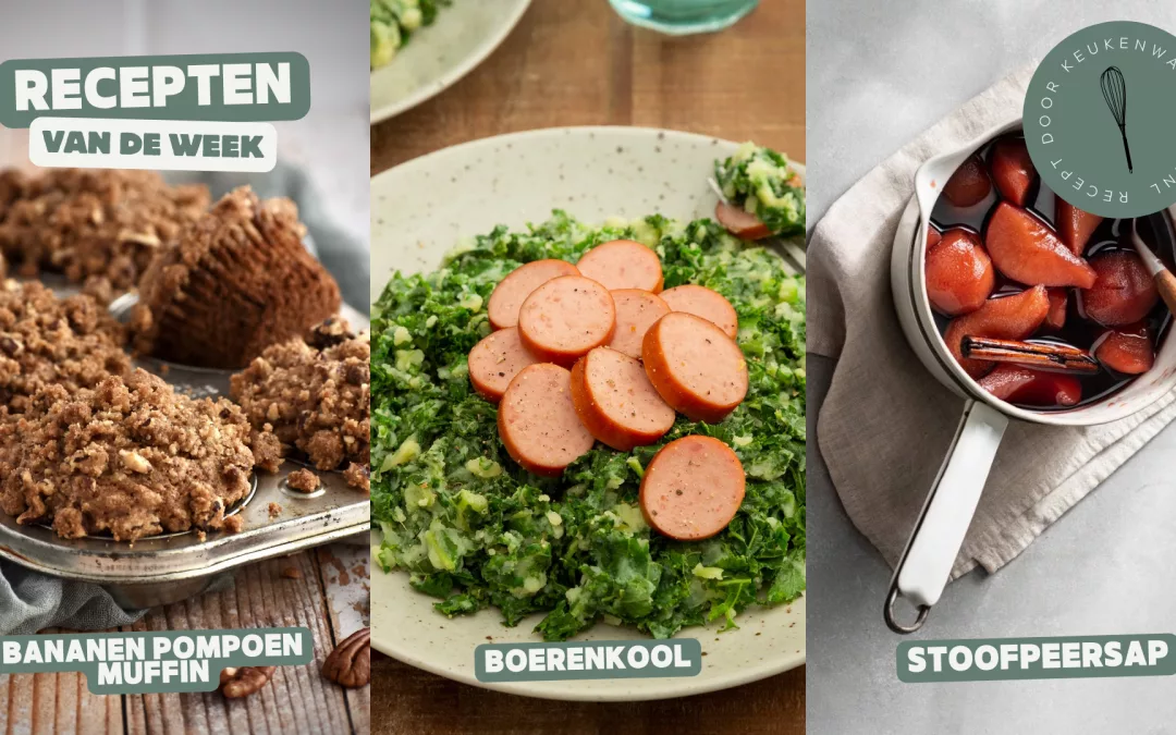 Bananen pompoen muffins, boerenkoolstamppot en stoofpeer sap