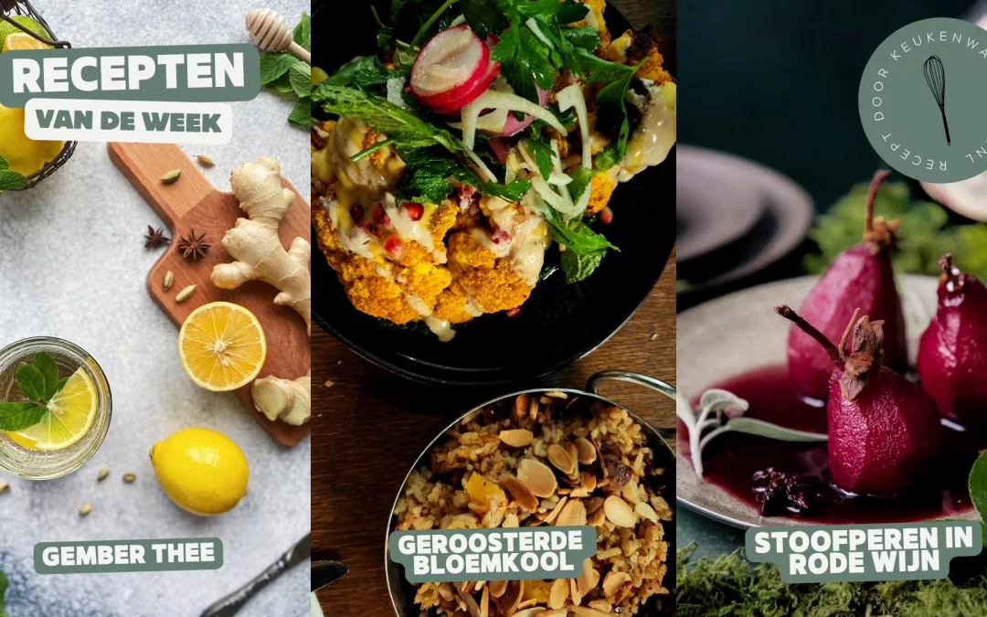 Gember thee, geroosterde bloemkool en stoofperen in rode wijn